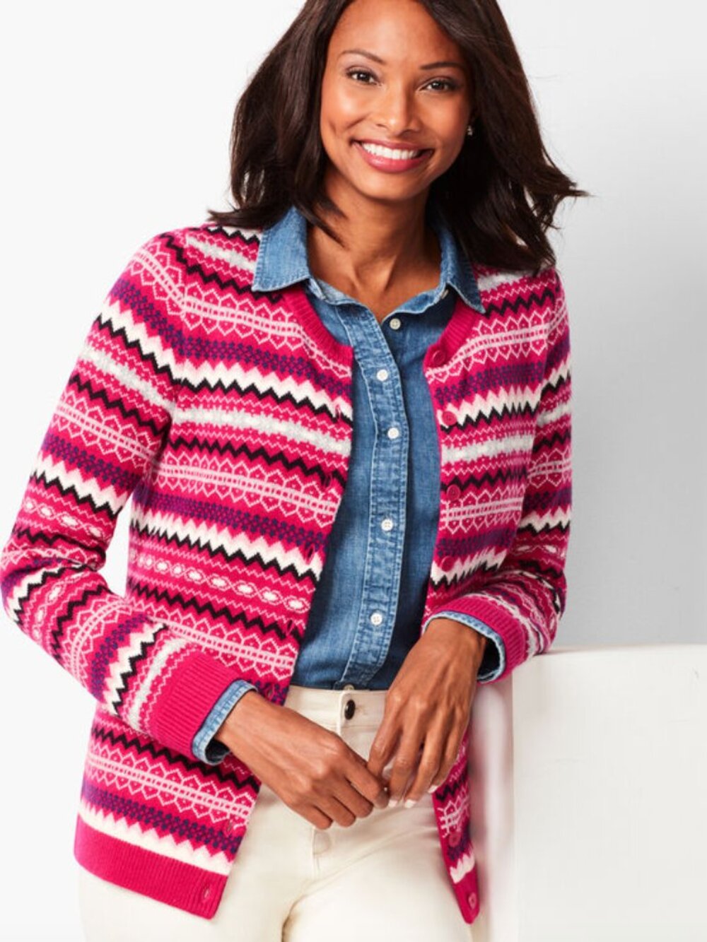 Talbots Hot Pink Fair Isle Cardigan Button-Front Crew Neck Apres Ski Preppy XL
